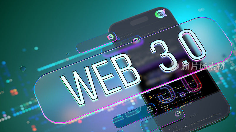 Web 3.0。屏幕上有文字的智能手机。